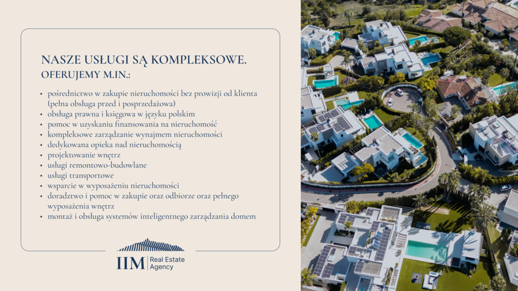 Infografika opisująca kompleksowe usługi oferowane przez International Investment Marbella.